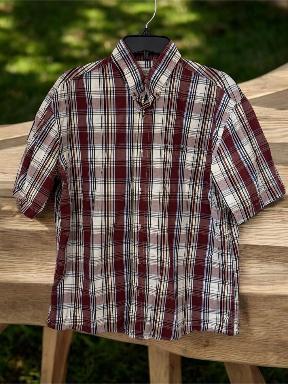 Gibson Maroon and White Plaid Short-Sleeve Button-Down Shirt